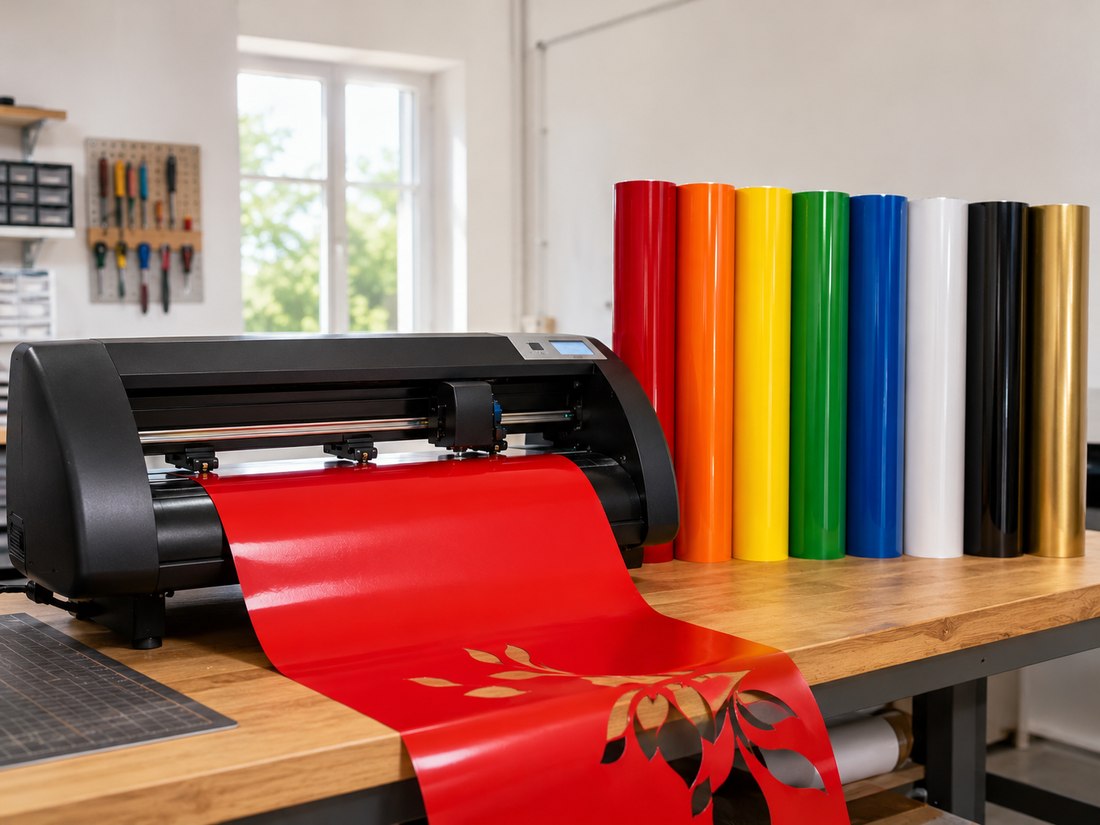 Schneideplotter beim Zuschnitt einer Folienbeschriftung, daneben Folienrollen in verschiedenen Farben