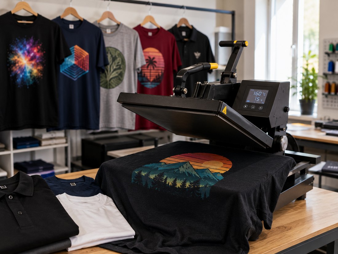 Textildruck – Transferpresse bedruckt ein T-Shirt, im Hintergrund fertig bedruckte Shirts